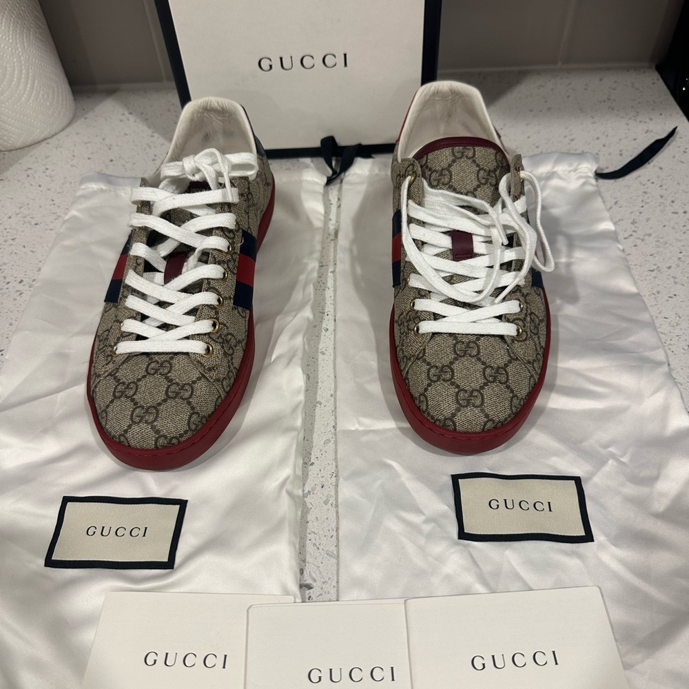 Gucci Beige and Red Monogram Sneakers